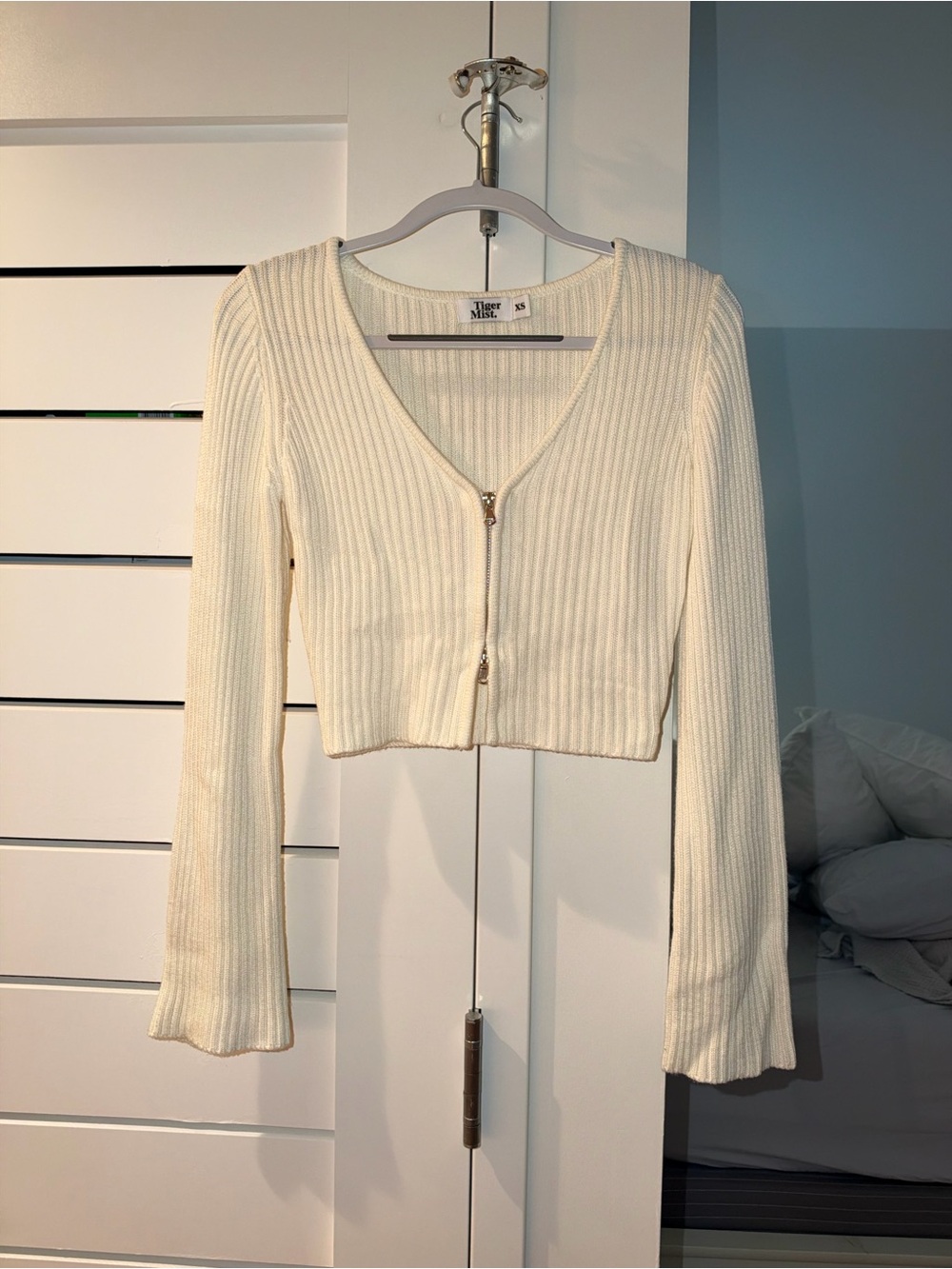 Tiger Mist Cream Ribbed Zip Crop Top
